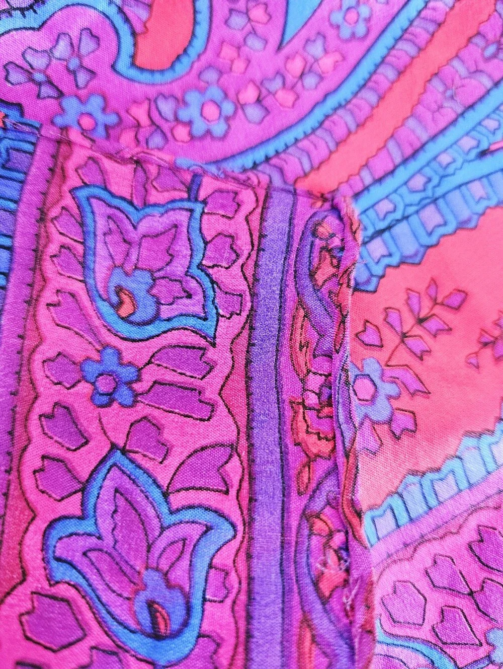 Vintage Vibrant Jewel Tone Paisley Mandela Rolled Edge Long Silk Scarf Foulard